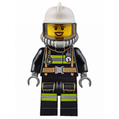 fire - reflective stripes with utility belt white fire helmet breathing neck gear with air tanks trans-brown visor peach lips open mouth smile