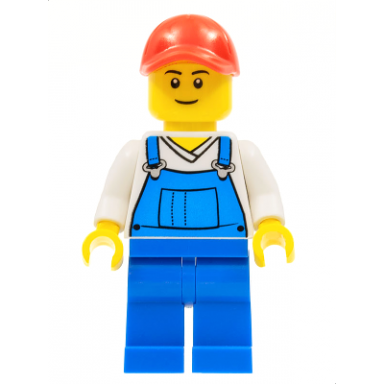 overalls blue over v-neck shirt blue legs red cap with hole