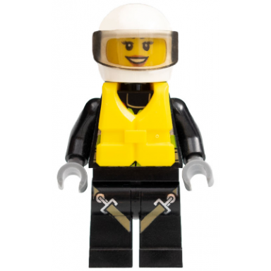 fire - reflective stripes with utility belt and flashlight life jacket center buckle white helmet trans-brown visor peach lips open mouth smile