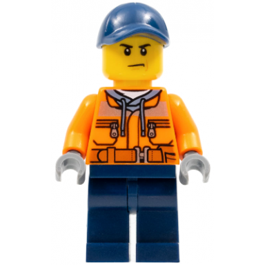 construction worker - male orange safety jacket reflective stripe sand blue hoodie dark blue legs dark blue cap with hole scowl