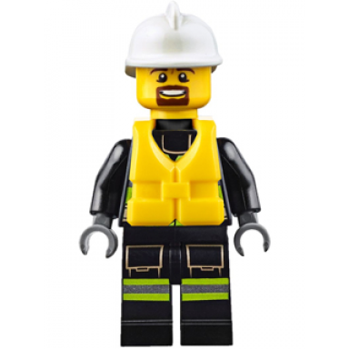 fire - reflective stripes with utility belt and flashlight life jacket white fire helmet brown moustache and goatee