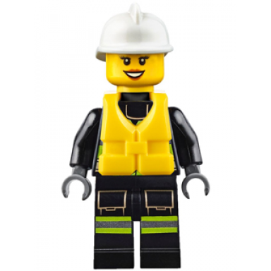 fire - reflective stripes with utility belt and flashlight life jacket white fire helmet peach lips open mouth smile