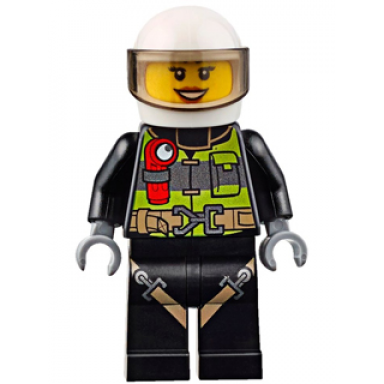 fire - reflective stripes with utility belt and flashlight white helmet trans-brown visor peach lips open mouth smile