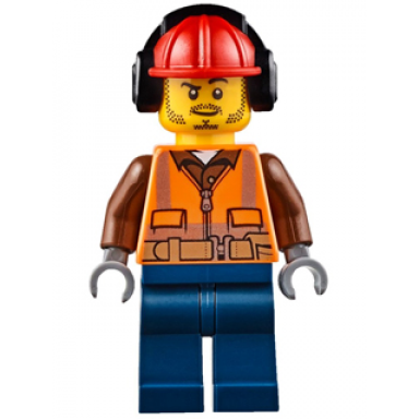 fire - male orange safety vest reflective stripes reddish brown shirt dark blue legs red construction helmet with black ear protectors headphones stubble