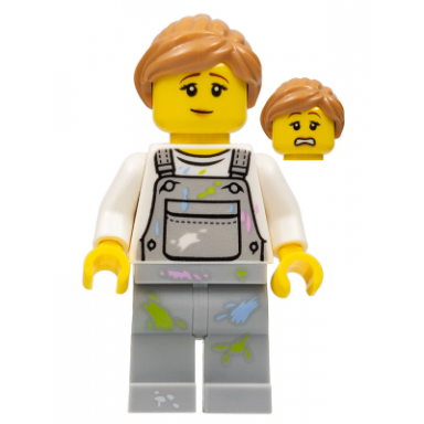 fence painter - female light bluish gray overalls with paint splotches medium nougat ponytail