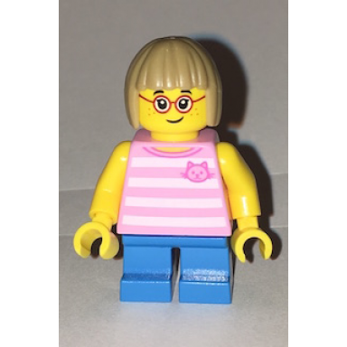 child - girl bright pink striped shirt with cat head dark azure short legs dark tan bob cut hair glasses freckles