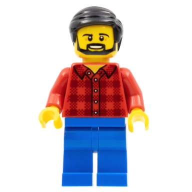 male - red plaid flannel shirt blue legs black hair beard