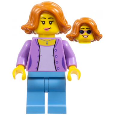 medium lavender jacket over lavender shirt medium blue legs dark orange female hair short swept sideways