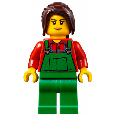 lawn worker - pink lips green overalls over plaid shirt