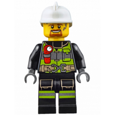 fire - reflective stripes with utility belt and flashlight white fire helmet dark orange moustache and goatee splotches