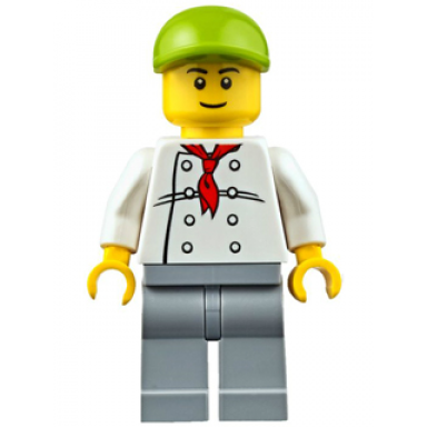 chef - white torso with 8 buttons light bluish gray legs lime short bill cap fire station hot dog vendor
