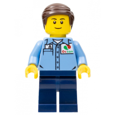 medium blue uniform shirt with pocket and octan logo dark blue legs dark brown smooth hair