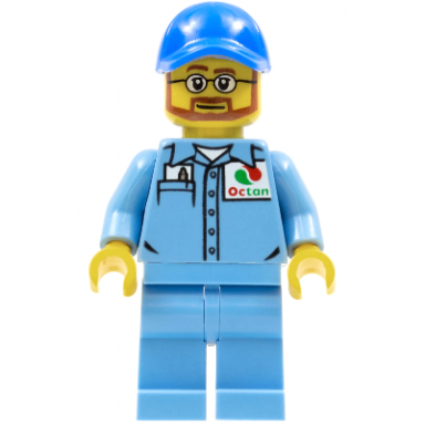 medium blue uniform shirt with pocket and octan logo medium blue legs blue cap with hole