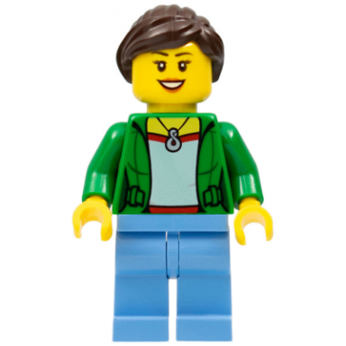 customer - green female jacket open with necklace medium blue legs dark brown ponytail and swept sideways fringe