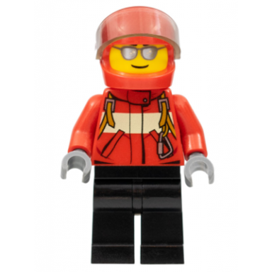 city pilot male red fire suit with carabiner black legs red helmet silver sunglasses