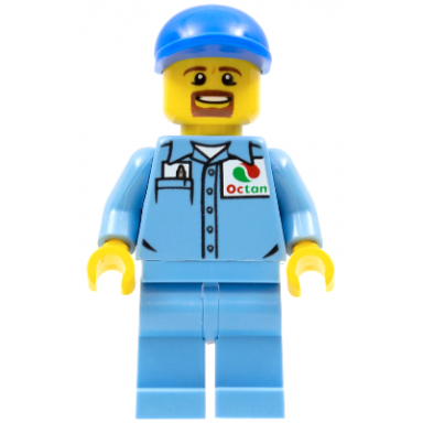 medium blue uniform shirt with pocket and octan logo medium blue legs blue short bill cap goatee