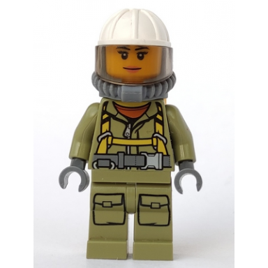 volcano explorer - female worker suit with harness construction helmet breathing neck gear with air tanks trans-brown visor