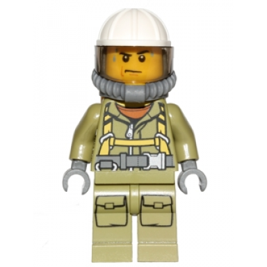 volcano explorer - male worker suit with harness construction helmet breathing neck gear with yellow air tanks trans-brown visor sweat drops