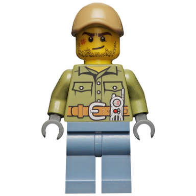 volcano explorer - male shirt with belt and radio dark tan cap with hole crooked smile and scar