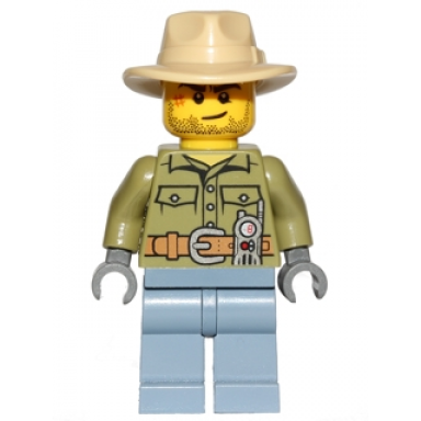 volcano explorer - male shirt with belt and radio tan fedora hat crooked smile and scar
