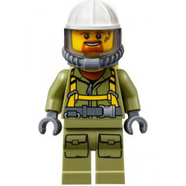 volcano explorer - male worker suit with harness construction helmet breathing neck gear with yellow air tanks trans-brown visor goatee