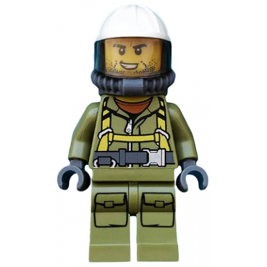 volcano explorer - male worker suit with harness construction helmet breathing neck gear with yellow air tanks trans-brown visor stubble