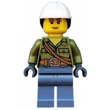 volcano explorer - female shirt with belt and shoulder ropes white construction helmet with dark brown ponytail hair