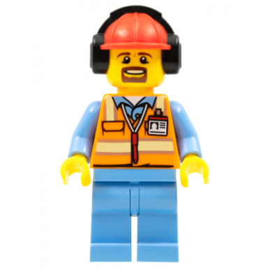orange safety vest with reflective stripes medium blue legs red construction helmet with black ear protectors headphones