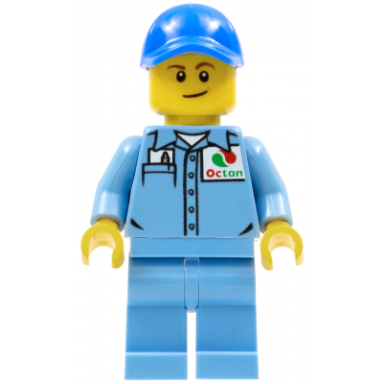 medium blue uniform shirt with pocket and octan logo medium blue legs blue cap with hole lopsided smile
