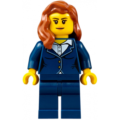 businesswoman - dark blue pants suit peach lips dark orange female hair over shoulder