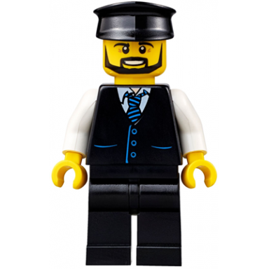 limousine driver - black vest with blue striped tie black legs black hat black beard