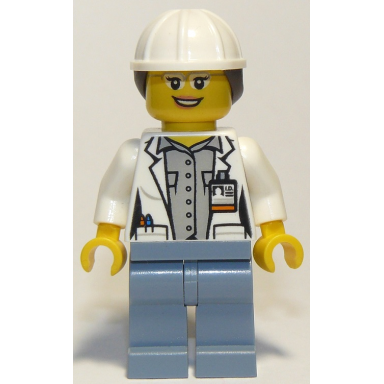 volcano explorer - female scientist white construction helmet with dark brown ponytail hair