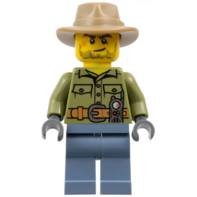 volcano explorer - male shirt with belt and radio dark tan fedora hat crooked smile and scar