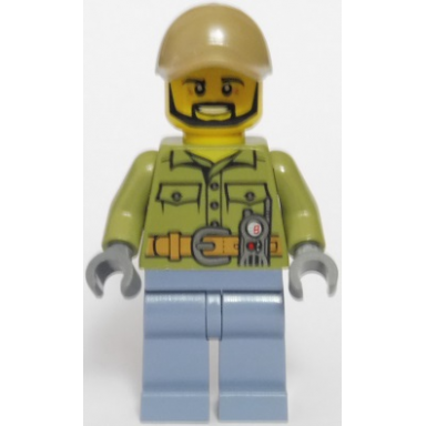 volcano explorer - male shirt with belt and radio dark tan cap with hole black angular beard