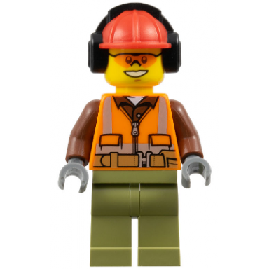construction worker - male orange safety vest reflective stripes reddish brown shirt dark tan legs red construction helmet with black ear protectors headphones safety glasses