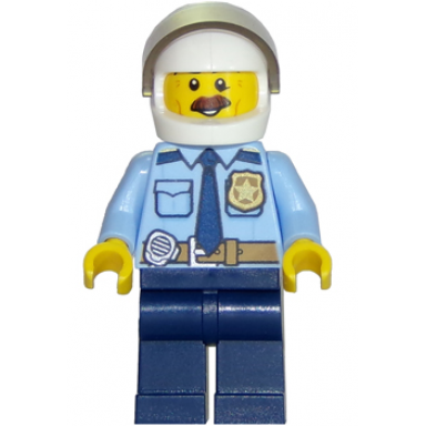 police - city shirt with dark blue tie and gold badge dark tan belt with radio dark blue legs white helmet