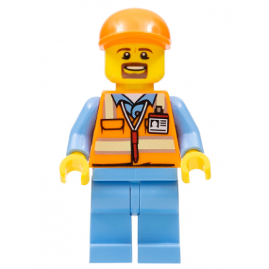 orange safety vest with reflective stripes medium blue legs orange short bill cap goatee