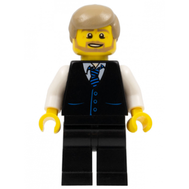 black vest with blue striped tie black legs white arms dark tan male hair dark tan beard