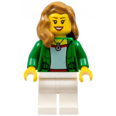 airplane passenger - female green jacket open with necklace white legs medium nougat hair over shoulder open mouth smile with teeth
