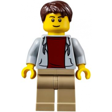 light bluish gray hoodie with dark red shirt dark tan legs dark brown tousled hair thin grin