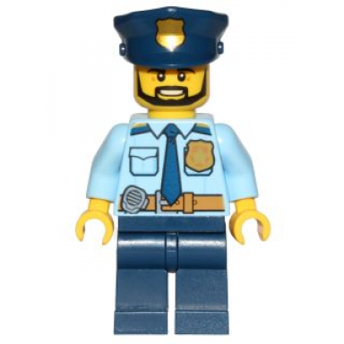 police - city shirt with dark blue tie and gold badge dark tan belt with radio dark blue legs police hat with gold badge head beard black angular