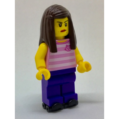 rollerskater - female bright pink striped shirt with cat head dark purple legs dark brown long hair red lips black skates