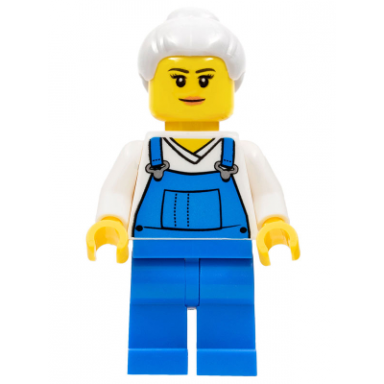 farm hand female overalls blue over v-neck shirt light bluish gray hair with top knot bun