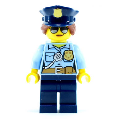 police - city officer female bright light blue shirt with badge and radio dark blue legs dark blue police hat sunglasses