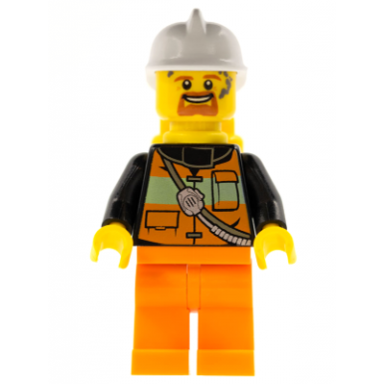 fire - reflective stripe vest with pockets and shoulder strap orange legs white fire helmet yellow air tanks dark orange goatee