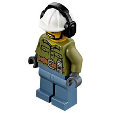 volcano explorer - male shirt with belt and radio black angular beard white construction helmet with black ear protectors headphones