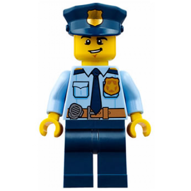 police - city shirt with dark blue tie and gold badge dark tan belt with radio dark blue legs police hat with gold badge lopsided grin