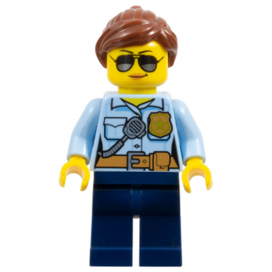 police - city officer female bright light blue shirt with badge and radio dark blue legs reddish brown ponytail and swept sideways fringe