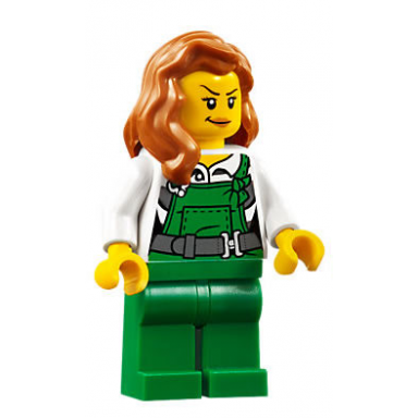 police - city bandit female with green overalls dark orange female hair over shoulder peach lips smirk