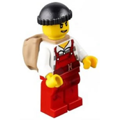 police - city bandit male with red overalls black knit cap backpack lopsided open mouth smile